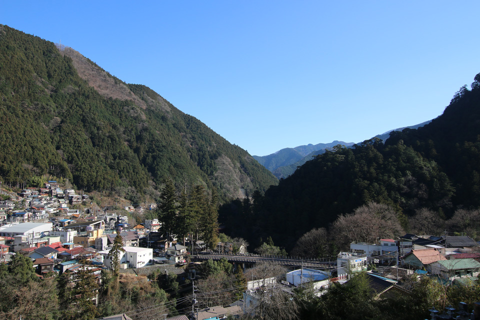 住宅の背後に山がせまり、数少ない平地に住宅が点在する奥多摩駅周辺の風景