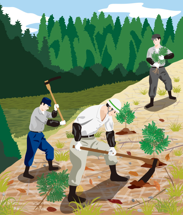急斜面に苗木を植える人々のイラスト