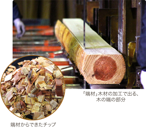 丸太は角が丸いため、四角い柱や板を作るために、機械で樹皮に近い部分を落として平らな面にします。この時切り落とした端の部分は、細かく砕くと、チップとして利用できます